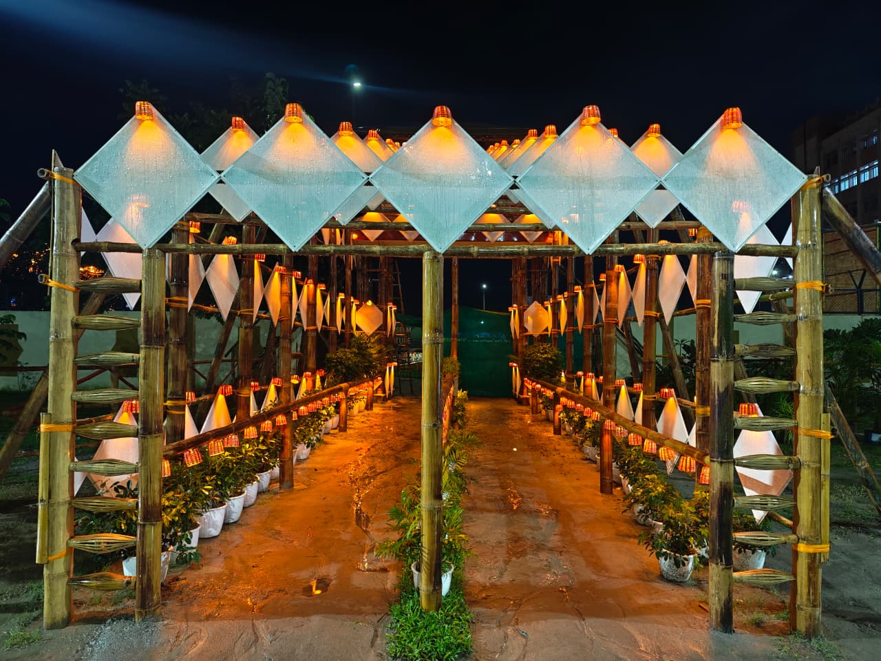 Diamond-shaped lantern corridor entrance lit at night