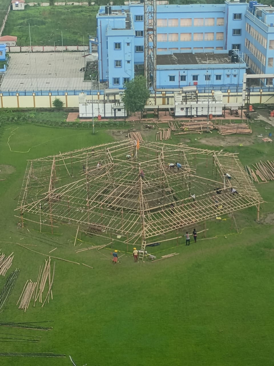 Aerial view of the bare bamboo framework being erected